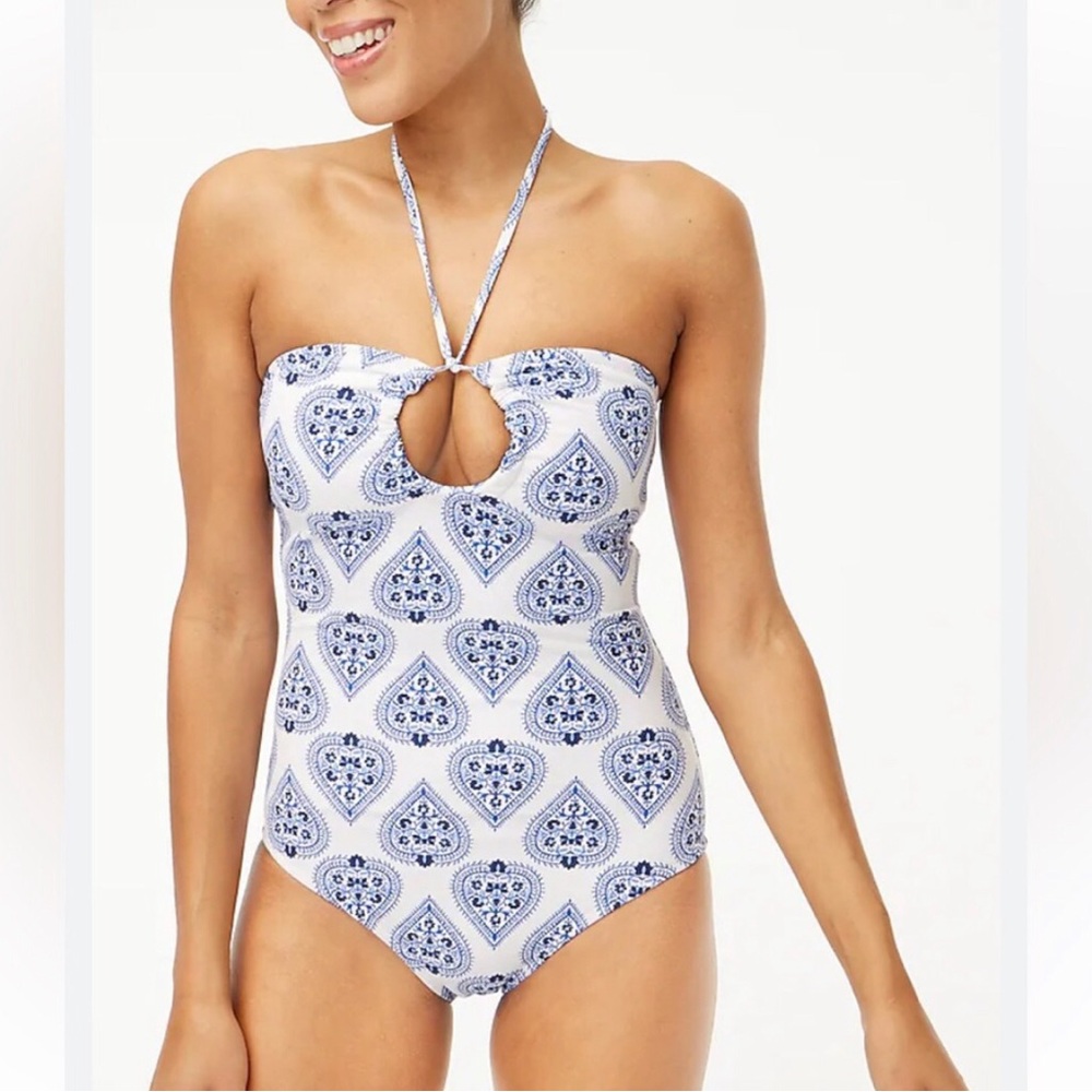 J. Crew White/Blue Printed Paisley Cut Out One Piece Bathing Suit